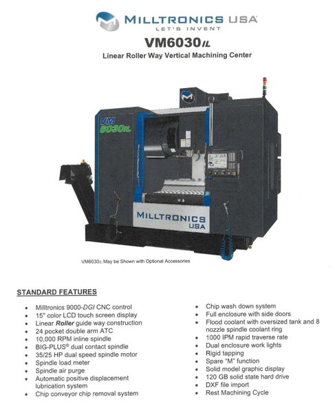 MILLTRONICS VM6030IL CNC Vertical Machining Center, New 2020.