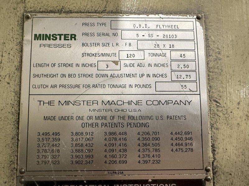 45 TON MINSTER MODEL #5 OBI STAMPING PRESS, 3" STROKE &amp; 120 SPM : YOBRO #25762