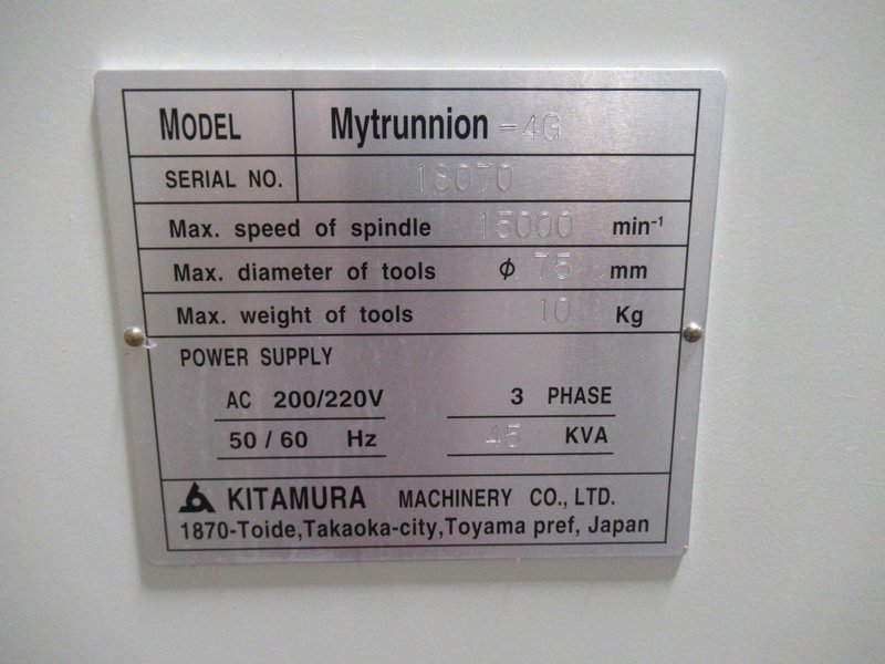 Kitamura Mytrunnion 4G 5-Axis Vertical Machining Center, 15K RPM, 60 ATC, Probing, Thru Spindle Coolant