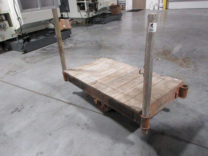 Antique Railroad Rolling Material Cart with Large Center Axle Wheel and Swivel Wheels, Hardwood Top, Hoffman Elect Stamping- Auction Item