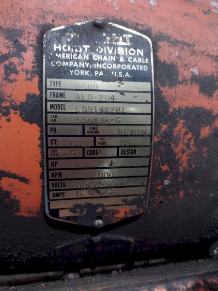 2000 LBS (1 TON) WRIGHT MODEL #W1 CABLE HOIST W/ POWERED TROLLEY: STOCK #18744