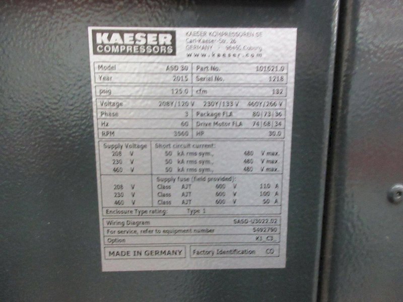 Kaeser ASD-30 Sigma Air Compressor, Rotary Screw, 30 HP (New 2015)- Auction Item