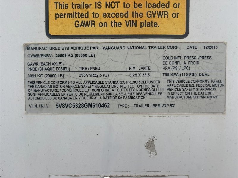 2016 Vanguard 53 x 102 5V8VC5328GM610462