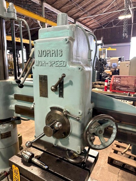 4&#039; x 9&quot; Morris Radial Drill, 4 MT, 5 HP, Box Tbl., Nice, Low Price
