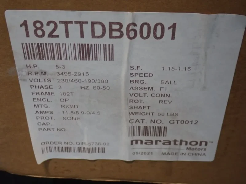MARATHON MOTORS 5 HP MOTOR  -  182TTDB6001