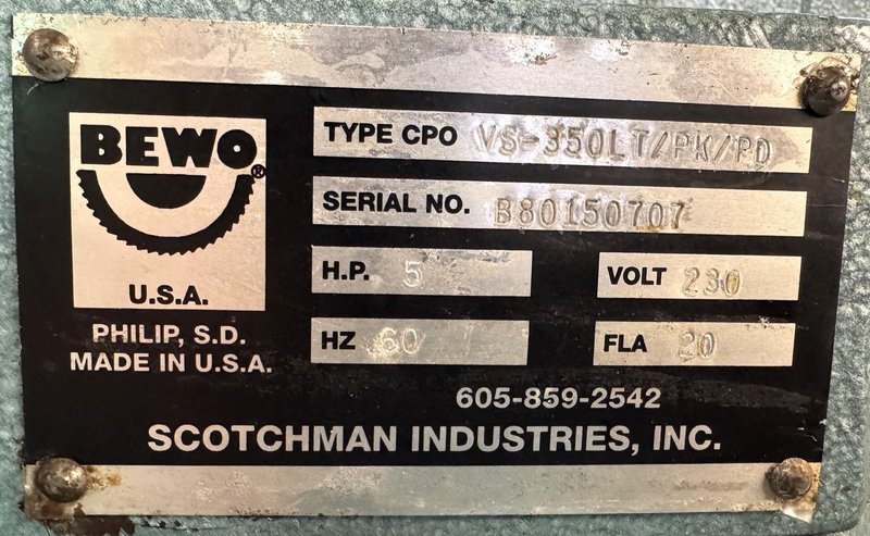 14" Scotchman Cold Saw CPO VS-350LT/PK/PD, Miter, V-Speed, 2" Solids, 4" Tube, Power Downfeed, Air Vise, 5 HP