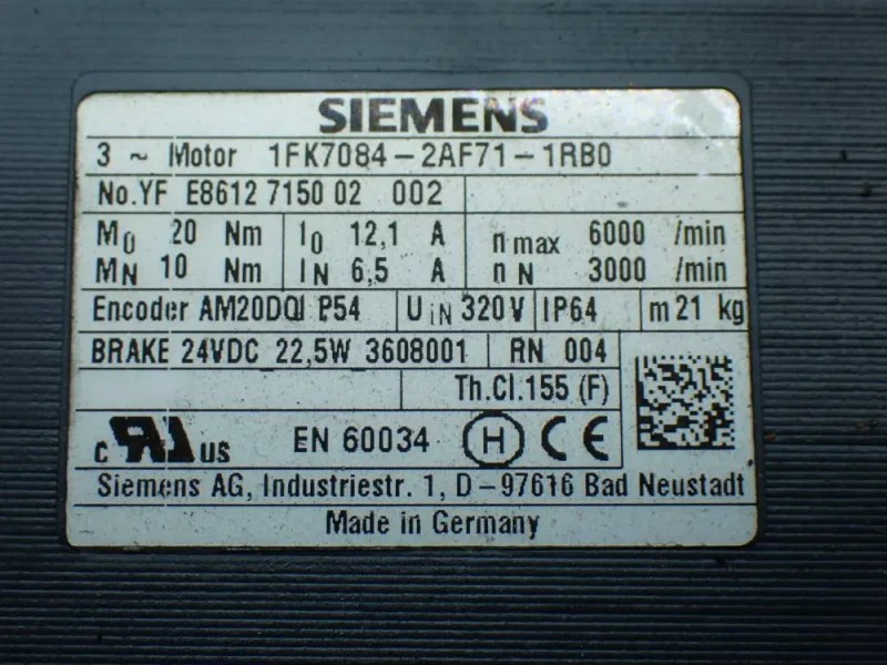 SIEMENS 6000RPM SYNCHRONOUS SERVO MOTOR  -  1FK7084-2AF71-1RB0