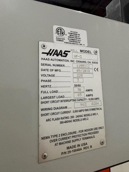 2018 HAAS MODEL #VF-3 CNC VERTICAL MACHINING CENTER: YOBRO #24479
