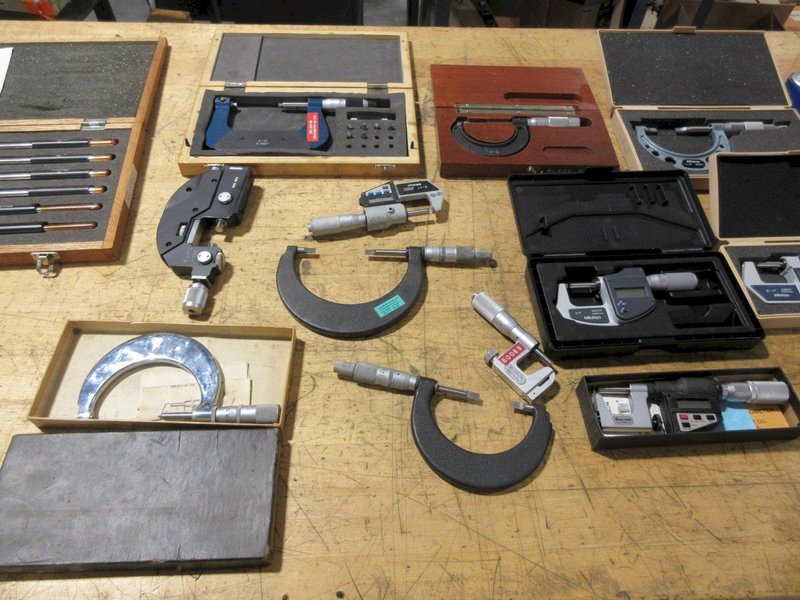 Micrometers Mostly Vernier Type some Digital, Various Brands and Blade Styles, and Box Of Setting Standards- Auction Item