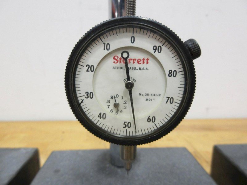 Black Granite Surface Plate 6" x 6" with Post and Starrett .001" x 1" Travel Indicator and (2) Spare Granites 6" x 6" x 2"- Auction Item