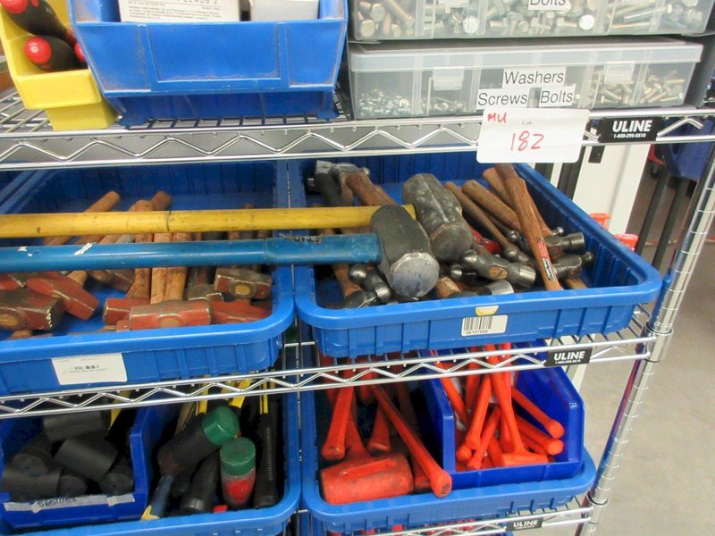 Hand Tools, Large Assortment Including Bolt Cutters, Clamps Tap and Dies, Bubble Levels, Hammers, Pipe Wrenches and More on Uline 5-Shelf 72" x 24" x 78" Metal Wire Rolling Cart- Auction Item
