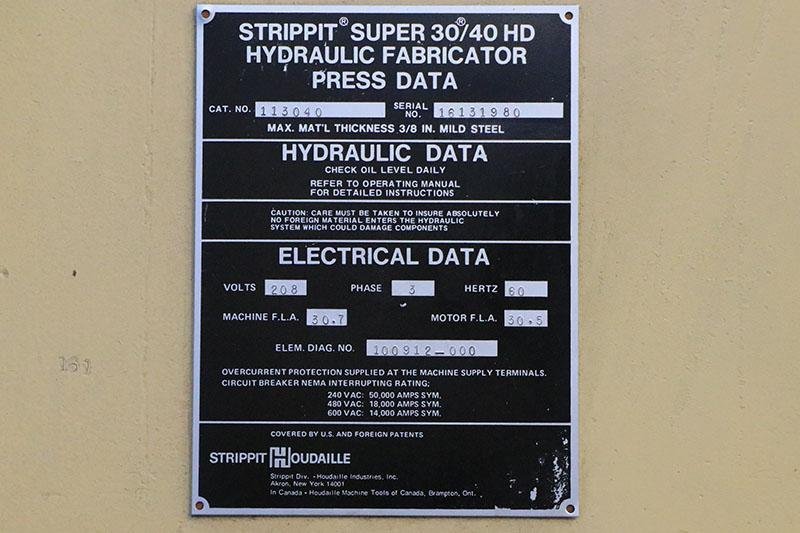 40 TON STRIPPIT HYDRAULIC SINGLE END PUNCH FABRICATOR MODEL 30/40 HD