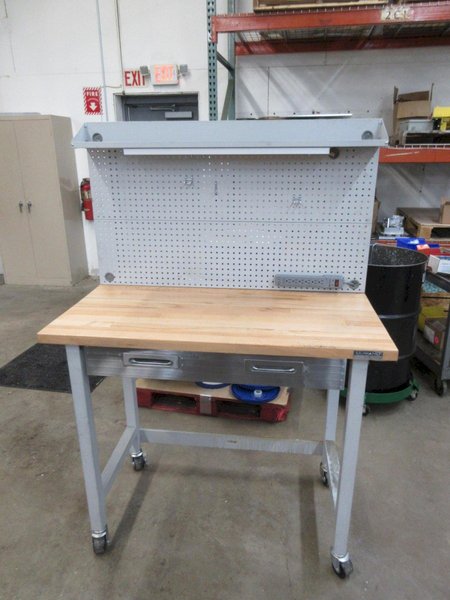Portable Work Bench with Maple Top, Upper Shelf, Drawer, Work light- Auction Item