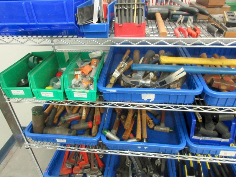 Hand Tools, Large Assortment Including Bolt Cutters, Clamps Tap and Dies, Bubble Levels, Hammers, Pipe Wrenches and More on Uline 5-Shelf 72" x 24" x 78" Metal Wire Rolling Cart- Auction Item