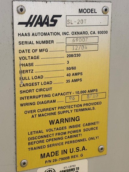 2004 HAAS MODEL #SL-20T CNC LATHE TURNING CENTER C AXIS &amp; LIVE TOOLING: YOBRO #24480