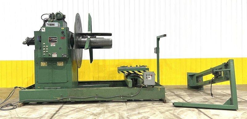 20,000 lb x 36&quot; FEED LEASE MOTORIZED COIL REEL UNCOILER WITH COIL CAR &amp; HOLD DOWN ARM (14310)