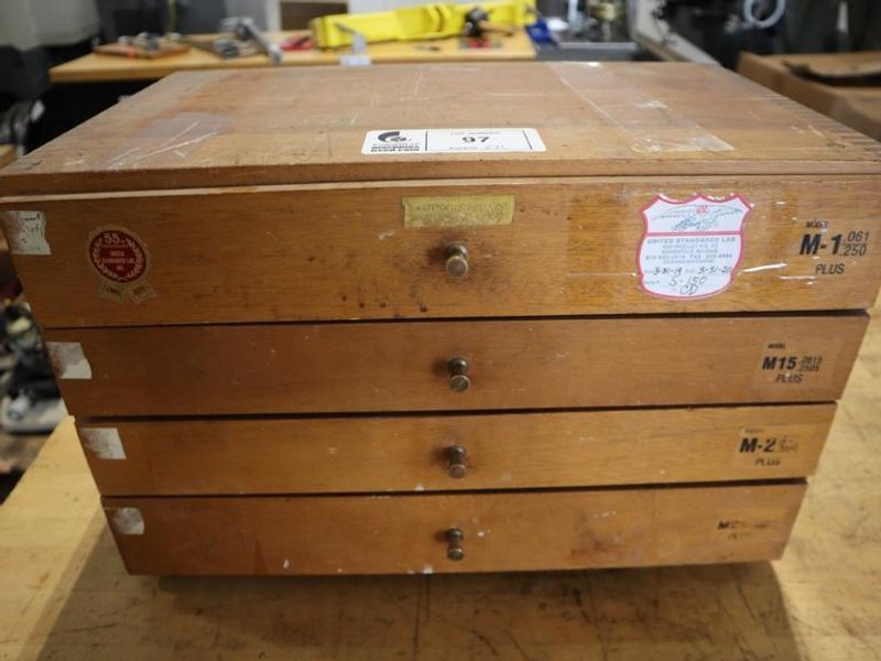 Meyer Pin / Plug Gages in Wood Cabinet: M1 Plus, M15 Plus, M2 Plus, M-25 PLus- Auction Item
