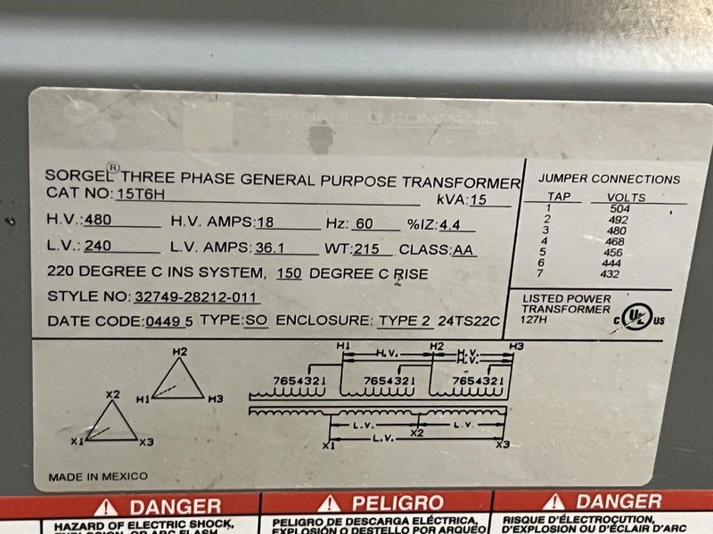 15 KVA SQUARE D 480 TO 240 V TRANSFORMER: STOCK #18884