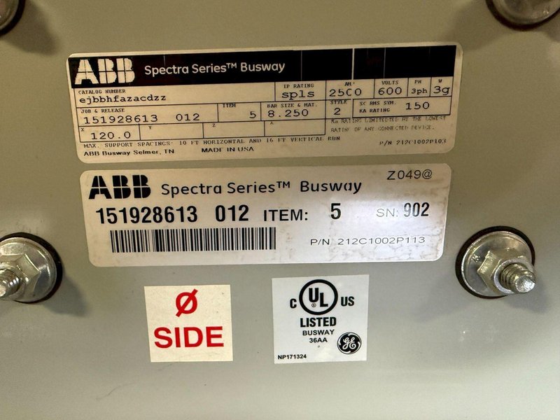 ABB 2500A Spectra Series 10′ Straight Length Copper Busway 600V, 3PH, 3G NEW