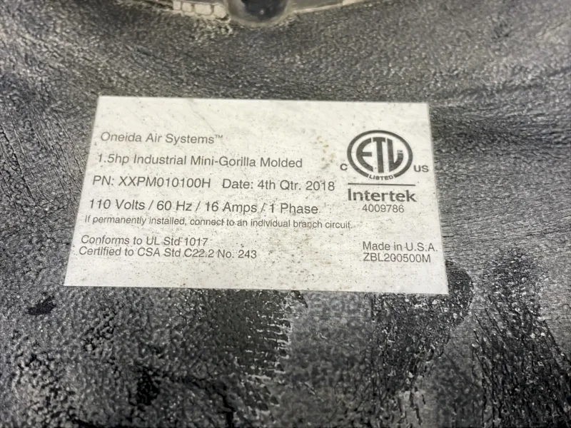 Oneida Air Systems 1.5 Hp Mini Gorilla Molded Portable Cyclone Dust Collector - Xxpm010100h