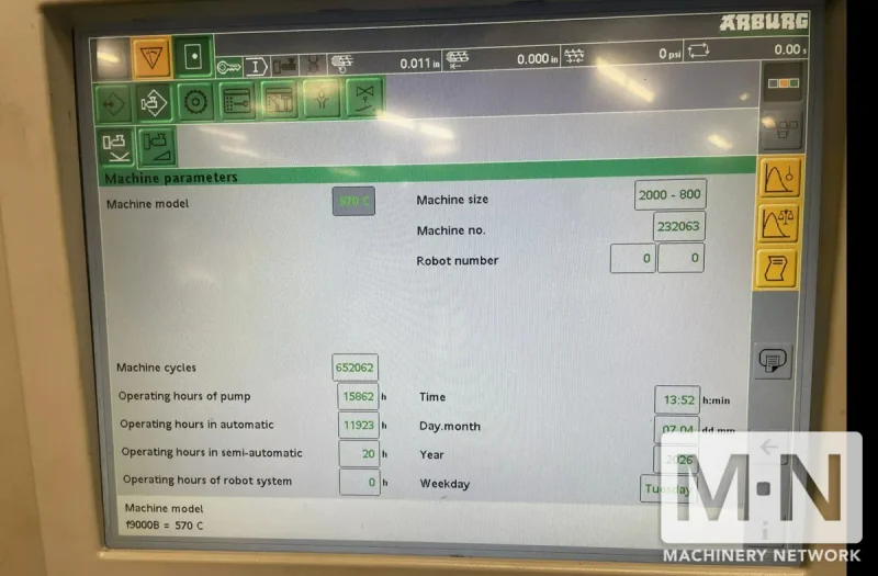 220 TON 15.3 OZ ARBURG MODEL 570C-2000-800 INJECTION MOLDING MACHINE MFG 2015 WITH LOW HOURS