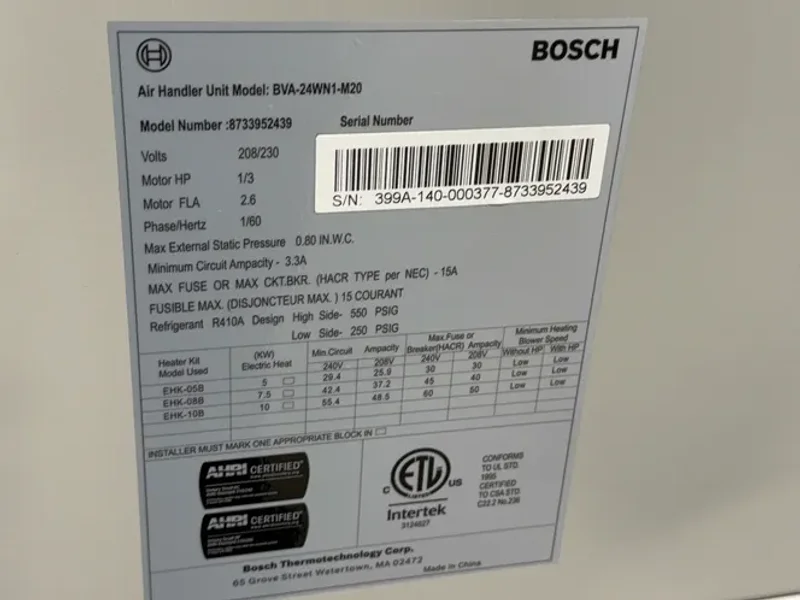 BOSCH AIR HANDLER UNIT  -  BVA-24-WN1-M20