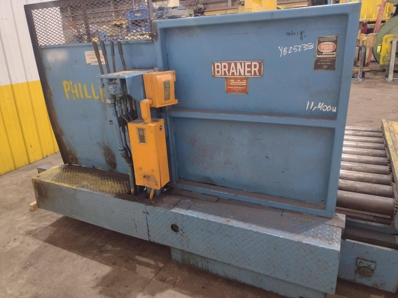 20,000 LBS BRANER HYDRAULIC COIL UPENDER WITH POWER FEED CONVEYOR: YOBRO #25238
