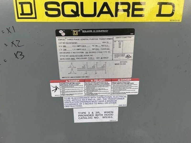 1 - PREOWNED SQUARE D TRANSFORMER, MODEL #: WS363