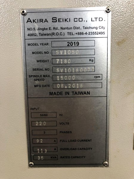 Akira Seiki SV1050 CNC 5-Axis Super Vertical Machining Center 2019 Chip Conveyor, With Detron GFA210 5-Axis Tilting Rotary Table