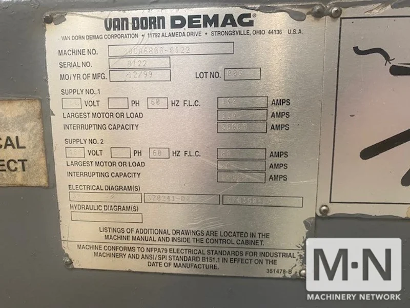 1100 TON 139 OZ VAN DORN MODEL CALIBER 1000CA6800 INJECTION MOLDING MACHINE MFG 1999