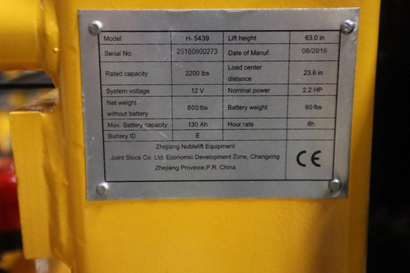 Uline H-5439 Electric Straddle Stacker Lift, 2,200# Cap, 63" Max Height, 50" Between Outriggers, 12 Volt Battery with Charger, 42" Forks- Auction Item