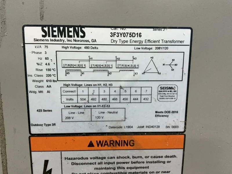 SIEMENS 75 KVA TRANSFORMER   -  3F3Y075D16