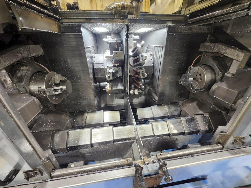 Mazak Multiplex 6200 Twin Spindle Lathe, Mazatrol 640 Ctrl., Mazak Fles GL100F Loader, 12 Pos. x2 Turret, 25HP, New 2000 (Avail. 8-25)