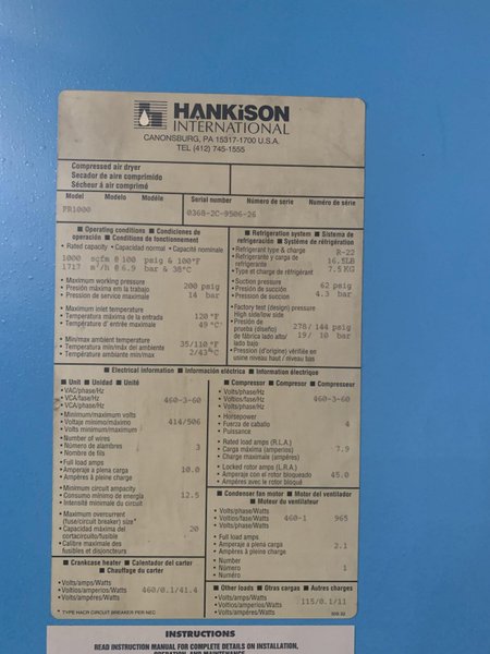 1000 SCFM HANKINSON MODEL #PR1000 AIR DRYER: STOCK #13603