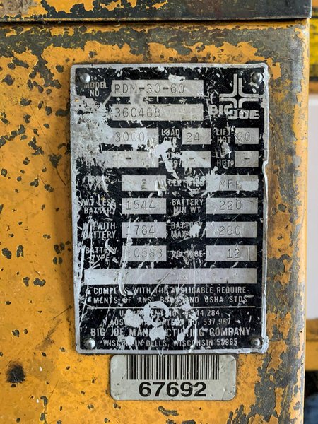 3,000 LB BIG JOE MODEL PDM 30-60 ELECTRIC WALK BEHIND FORKLIFT. STOCK # 1061023.