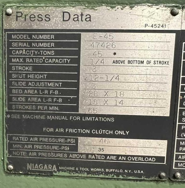 45 Ton Niagara OBI Press STOCK# 3914