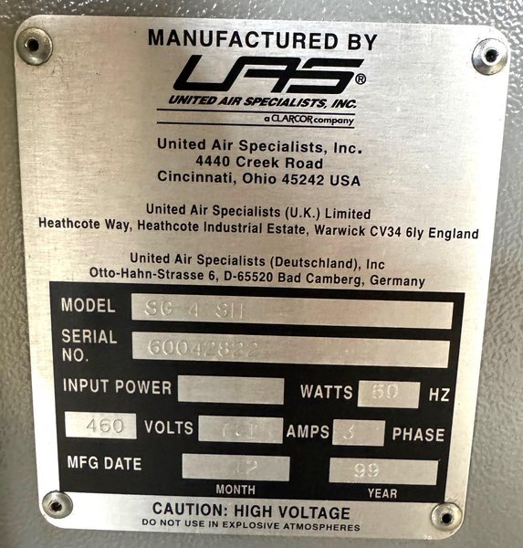 UAS/SMOG-HOG Dust/Mist Collector SG-4S-H, 4000 CFM, Electrostatic, Nice