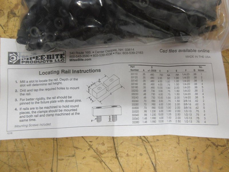 Mitee-Bite 33220 | 1/4-20" Screw Size Locating Rail, 1 Box (16 pcs) with Bag of Screws ** New In Box **- Auction Item