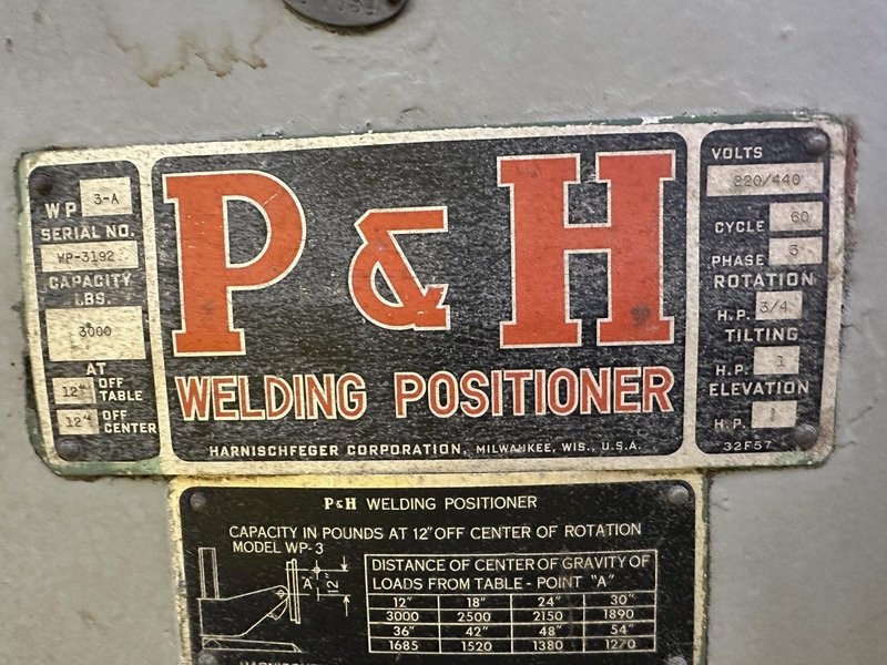 3,000 LB P&amp;H MODEL #WP3A POWER ELEVATING WELDING POSITIONER WITH PANDJIRIS GRIPPER: STOCK #19502