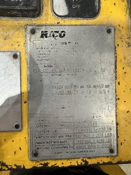 15,000 LBS RICO MODEL #PLR-DD-AR-150 ELECTRIC DIE CART PALLET TYPE FORKLIFT: STOCK #22190