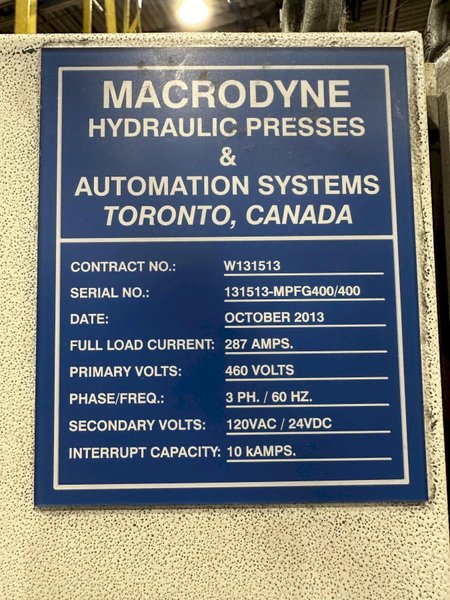 2013 - 800 TON MACRODYNE PRESS &amp; BILLET HEATING INDUCTION SERVICES FORGING SYSTEM: STOCK #20205