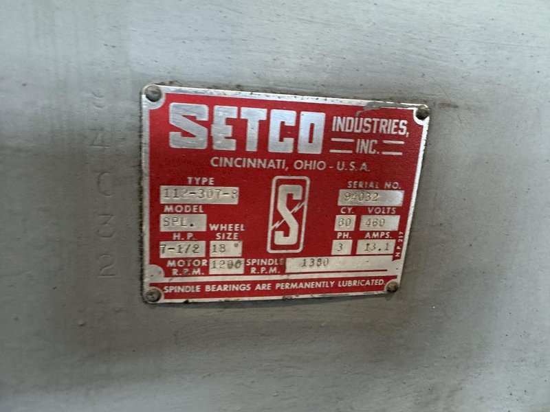 18&quot; SETCO MODEL SPL DOUBLE END PEDESTAL GRINDER. STOCK #0892924