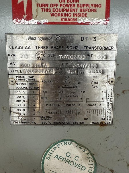 75 kVA WESTINGHOUSE TRANSFORMER. STOCK # 0672125
