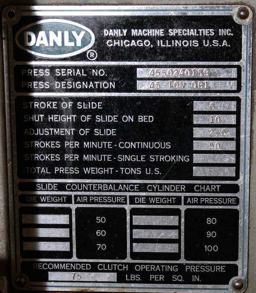 45 Ton DANLY Back Geared OBI Press, Model 45