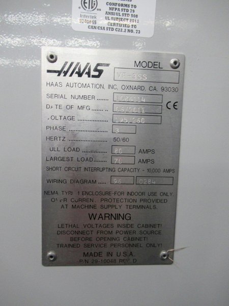 Haas VF-3SS CNC Vertical Machining Center, 40" x 20" x 25", 12K RPM, Probing, High Speed Machining