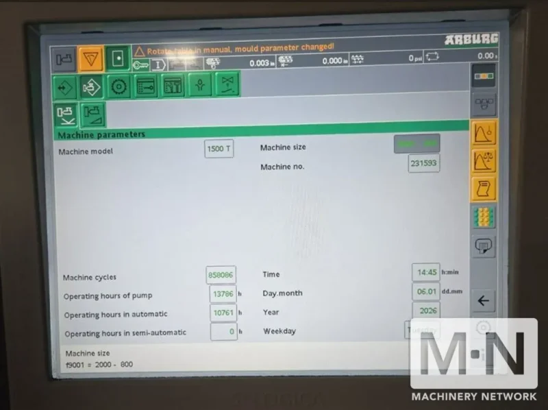 220 TON 16 OZ ARBURG MODEL 1500T-2000-800 VERTICAL CLAMP AND INJECTION MACHINE MFG 2015 ** LOW HOURS