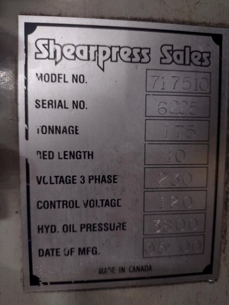 175 TON X 10' ACCURPRESS 717510 HYDRAULIC BRAKE, NEW 2000: STOCK #18560