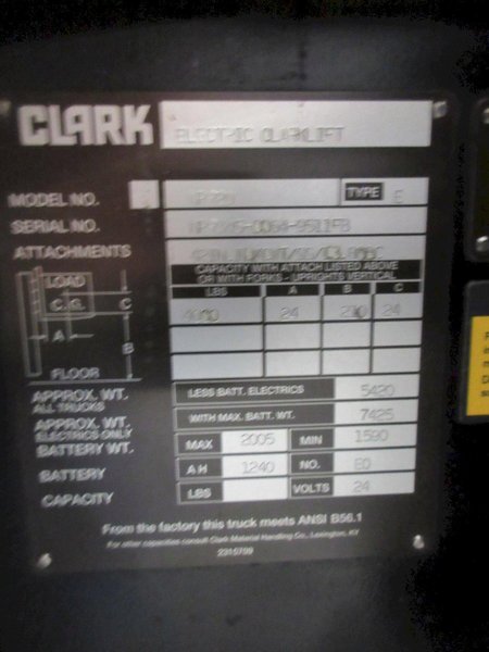 Clark NPR20 Electric Standing Reach Forklift with Auto 1000 24VCharger, 4000 LB Load Capacity- Auction Item