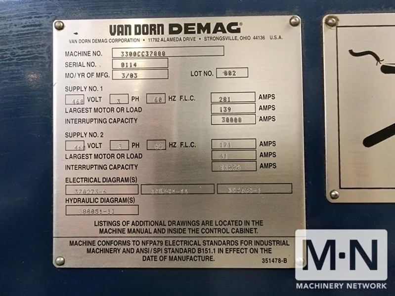 3300 TON 604 OZ VAN DORN MODEL 3300CC37000 CALIBER INJECTION MOLDING MACHINE MFG 2003