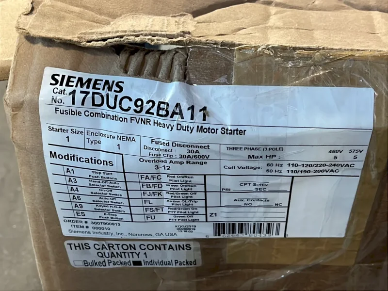 SIEMENS 5 HP FUSIBLE COMBINATION FVNR HEAVY DUTY MOTOR STARTER  -  17DUC92BA11